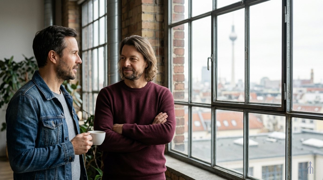 KI-generiert: Maik Marx und ein junger Gründer stehen am Fenster eines Berliner Coworking-Lofts