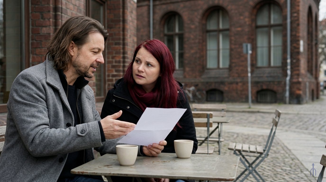 KI-generiert: Maik Marx erklärt einer Frau vor einem Berliner Amtsgebäude ein Schreiben