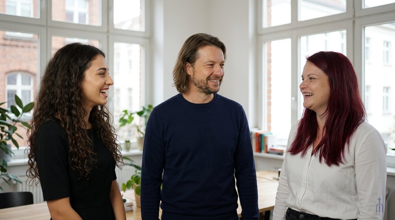 KI-generiert: Maik Marx, Lia und Nicole stehen lachend zusammen in einem hellen Büro