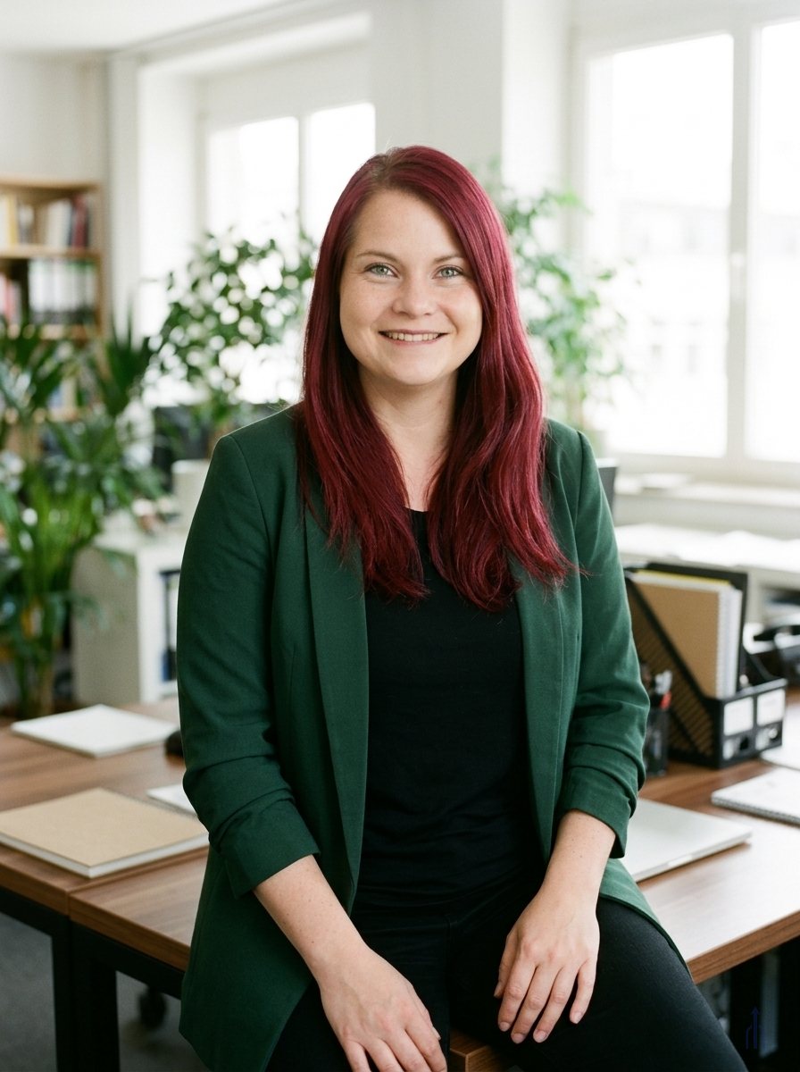 KI-generiert: Porträt von Nicole, sie sitzt auf der Kante eines Schreibtischs